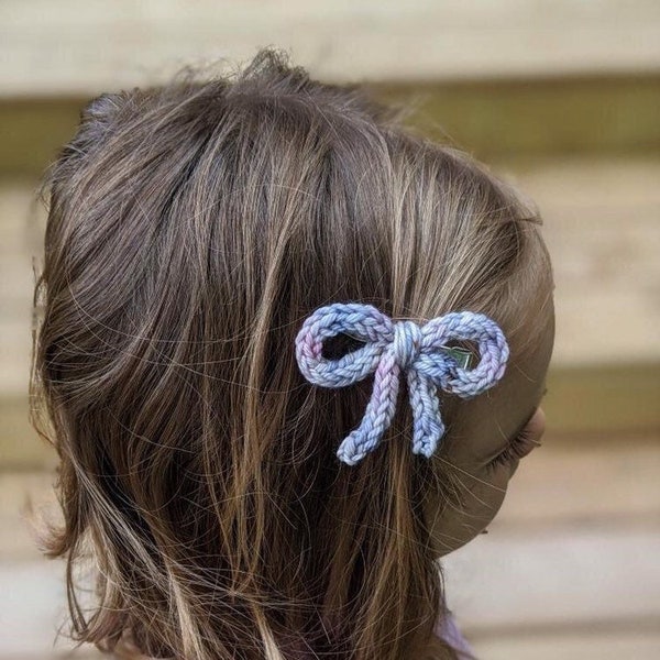 Hair Bow/ Knitted Bow Clip/ Hand Dyed Knit Bow/ Yarn Bow Hair Clip/ Yarn Bow Headband/ Toddler Bow