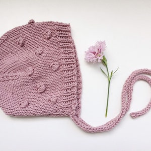 Knitted Pink Cotton Bonnet/ Newborn to Toddler Hat/ Bobble Bonnet/Popcorn Bonnet/ Newborn Baby Bonnet/ Toddler Hat Knitted/ Vintage Bonnet