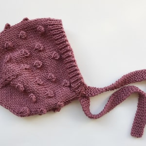 Hand Knit Merino Wool Baby Bonnet: Rhubarb Bobble Hat