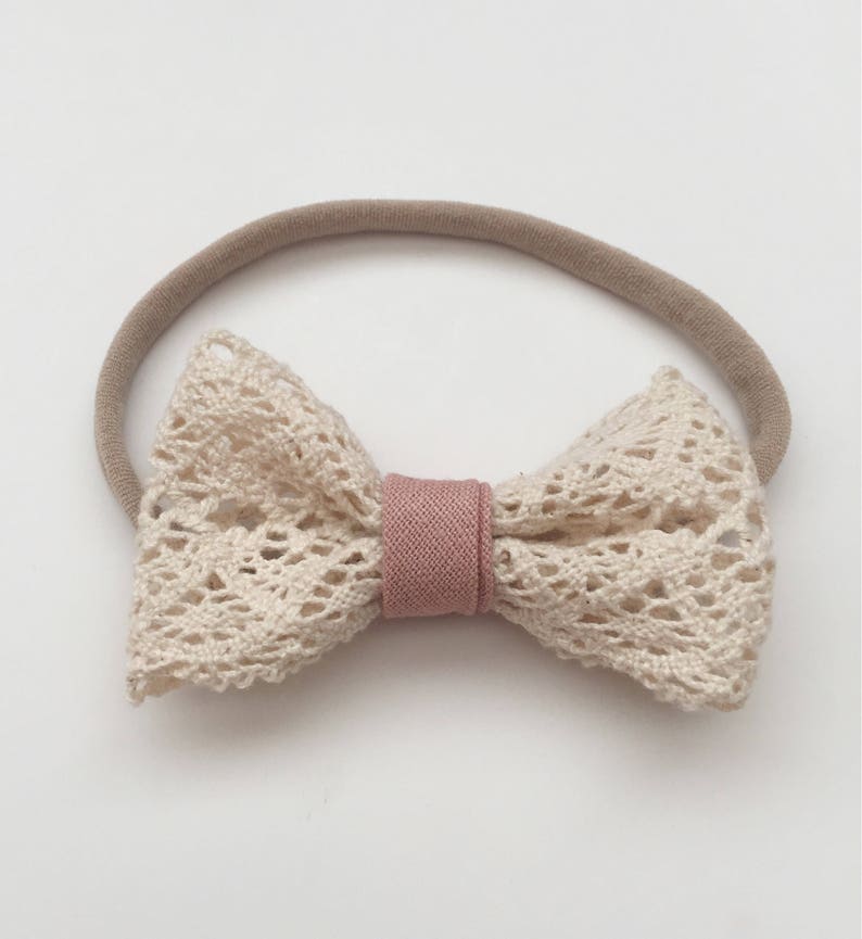 Ivory Lace Headband Baby Bow Headband Fabric and Lace Bow Nylon Baby Headband Baby Girl Shower Gift Newborn Photo Prop Toddler Bows