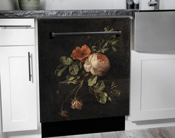 May include: A black dishwasher door with a floral design featuring pink and orange roses and green leaves. The design is reminiscent of a vintage still life painting.