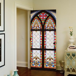 Door Wall Sticker Old Stained Glass Window/ Old Castle Stained Glass Window / Castle Door Sticker/ Window Film Stained Glass/ Vitrail Decal
