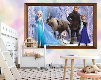 Adesivo de parede Anna Elsa Kristoff Sven e Olaf/Princesa Frozen/Mural de vinil para quarto infantil/Papel de parede de desenho animado/Papel de parede para berçário/Decoração de parede para quarto de menina