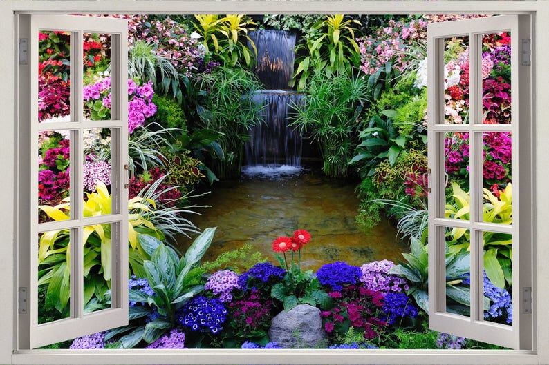 3d Wall Sticker Window Waterfall In The Garden Self Etsy