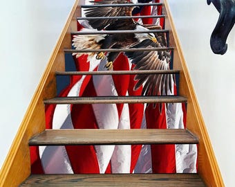 Treppen-Aufkleber Amerikanische Flagge und Weißkopfseeadler / USA-Flagge Treppen-Ränder / US-Flagge Rot und Blau / Peel & Stick-Treppen-Aufkleber