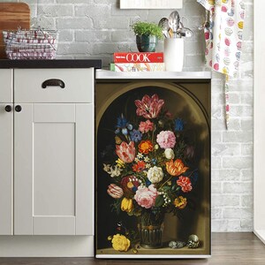 Fridge Wrap Retro Still Life Gallery /Flowers/ Floral Fridge Decal Watercolor /Retro Kitchen Décor/ Dutch Flower Decal/ Side-by-side Fridge Wrap