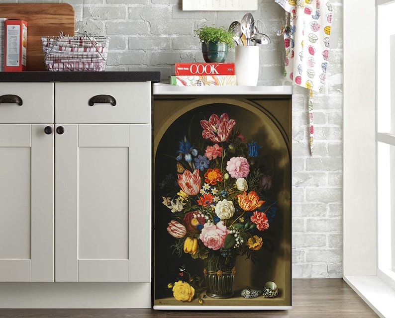Fridge Wrap Retro Still Life Gallery /Flowers/ Floral Fridge Decal Watercolor /Retro Kitchen Décor/ Dutch Flower Decal/ Side-by-side Fridge Wrap
