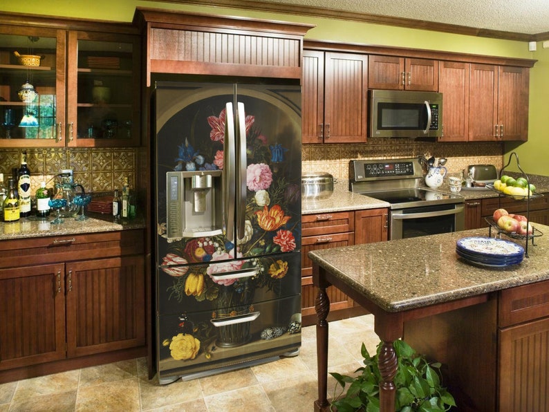 Fridge Wrap Vintage Still Life Gallery /Flowers/ Floral Fridge Decal Watercolor /Retro Kitchen Décor/ Dutch Flower Decal/ Side-by-side Fridge Wrap