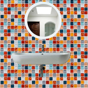 Vinyl Stickers Colorful Mosaic Tiles White Light Blue Grey Blue Orange Red/ Set 12/24/36 pcs / Tiles for Kitchen for Bathroom / Floor Decals