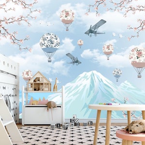 Papel de parede infantil com montanhas, aviões e balões/ Mapa infantil/ Design de papel de parede infantil/ Mural para quarto infantil/ Papel de parede removível e colante