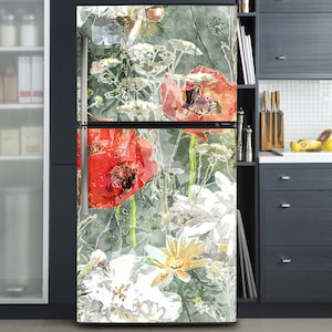 Fridge Wrap Vintage Watercolor Flowers/ Floral Fridge Decal /Retro Kitchen Décor/ Poppies Peonies Roses Decal/ Side-by-side Fridge Wrap