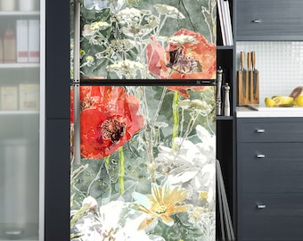 Emballage pour réfrigérateur vintage fleurs aquarelles / Sticker floral pour réfrigérateur / Décoration de cuisine rétro / Sticker coquelicots pivoines roses / Wrap pour réfrigérateur côte à côte