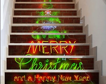 Christmas Tree Neon Sign on the Red Wall /Stairway Decoration Adhesive Stair Riser Panel Stairs Risers Sticker Mural Photo Decal Wallpaper