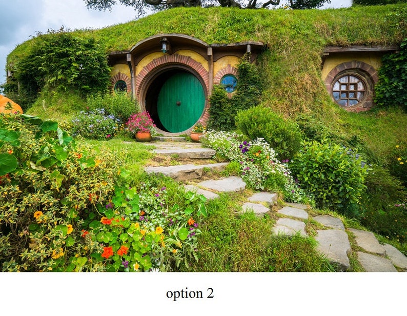 Pode incluir: Uma porta verde com uma moldura redonda, inserida em uma casa hobbit com um telhado gramado. A casa &eacute; feita de pedra e tem uma pequena janela do lado direito. H&aacute; flores e plantas crescendo ao redor da casa.