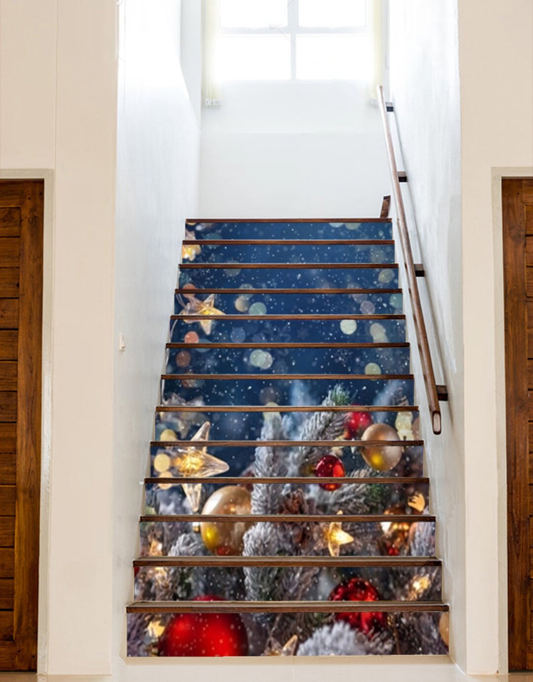 Christmas Tree Stand Riser Stair Riser Panels Christmas Tree With Balls on a Blue/ Christmas ...