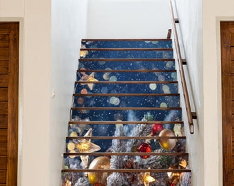Stair Riser Panels Christmas Tree with Balls on a Blue/ Christmas Stairs Decoration/ Adhesive Christmas Stair Decal/Christmas Stair Stickers