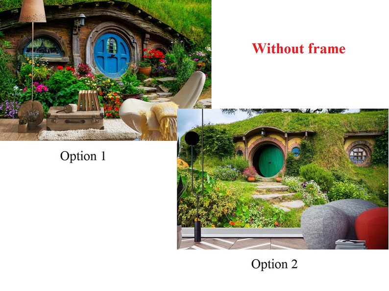 Pode incluir: Duas imagens de casas hobbit com portas redondas. A primeira imagem mostra uma porta azul com um caminho de pedra que leva a ela. A segunda imagem mostra uma porta verde com um caminho de pedra que leva a ela.