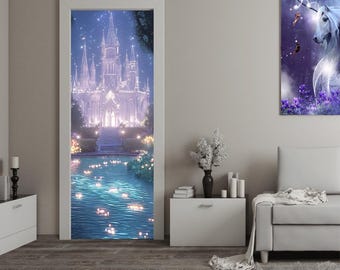 Dörrklistermärke med fantasi, väggmålning med sagoslott, dekal med förtrollad skog, kylskåpsfolie, självhäftande dörrdekor