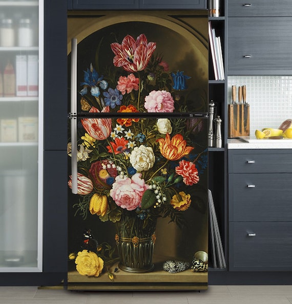 Fridge Wrap Still Life Gallery #3/Flowers/ Floral Fridge Decal Watercolor /Retro Kitchen Décor/ Dutch Flower Decal/ Side-by-side Fridge Wrap