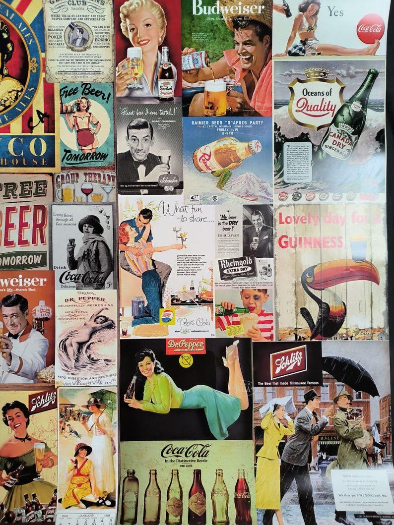 Puede incluir: Un collage de anuncios vintage que presenta varias marcas de bebidas, incluyendo Coca-Cola, Budweiser, Dr. Pepper, Guinness y Schlitz. La colecci&oacute;n muestra ilustraciones retro de personas, botellas y vasos con tipograf&iacute;a cl&aacute;sica.