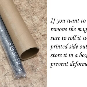 May include: A rolled up poster or print is being stored in a cardboard tube. The text on the image reads: "If you want to remove the magnet, be sure to roll it with the printed side out and store it in a box to prevent deformation."