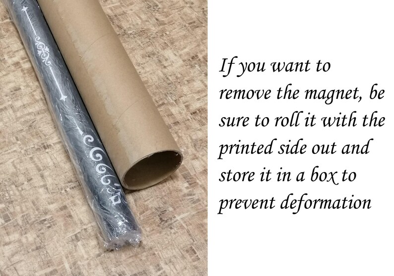 May include: A rolled up poster or print is being stored in a cardboard tube. The text on the image reads: "If you want to remove the magnet, be sure to roll it with the printed side out and store it in a box to prevent deformation."