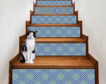 Autocollants contremarches d’escalier Tuiles islamiques arabes traditionnelles / Panneau adhésif de décoration d’escalier / Autocollants d’escalier Décalcomanies Peel and Stick