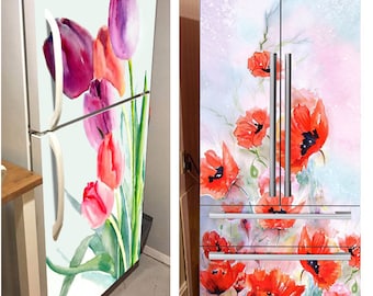 Fridge Vinyl Sticker *Red Poppies* and *Tulips*/ Refrigerator Wrap Vinyl /Fridge Wraps /Refrigerator Wrap / Mini Fridge Decal/