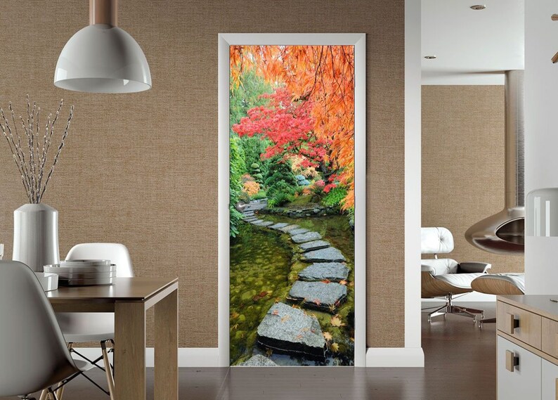 Door Wall Sticker Autumn in Japanese Garden/Japanese Garden Wall Decal Mural/Door Decal Japanese/Japanese Garden Decor/Asian Landscape Decal