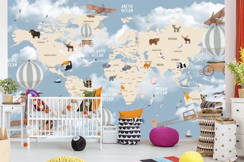 Wall Mural world Map for Kids/kids Map/ World Map Peel and - Etsy