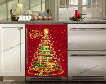 Christmas Kitchen Dishwasher Magnet Cover Tree on Red Magnetic Vinyl Cover / Magnetic Refrigerator & Dishwasher Cover / Christmas Magnet