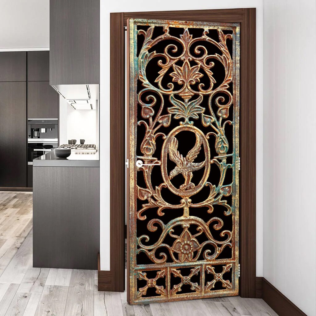 Sticker Porte Effet Bois Vieilli - 95x215 Cm, PVC Amovible Sans Trace - Décoration Murale Vintage 3D