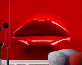 3D Self Adhesive Wallpaper **Red Lips**/ 3D Wall Mural / 3D Wall Stickers / Self-adhesive Fabric Wall Covering / Peel and Stick Wallpaper