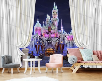 Mural de parede Castelo de Princesa / Papel de parede adesivo Castelo / Adesivo Castelo Mágico Rosa e Azul para Menina / Papel de parede para Quarto Infantil / Adesivo Castelo de Princesa