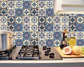 Vinyl Stickers Blue Moroccan Portugues Tiles Azulejo/ Kitchen/ Bathroom Backsplash /Wall/ Stair/Floor/Furniture Decal/Removable Peel & Stick