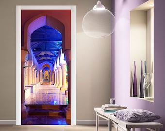 Sticker mural pour porte « Belle arche illuminée la nuit »/ Papier mural 3D arabe marocain/ Sticker porte marocaine/ Murale marocaine