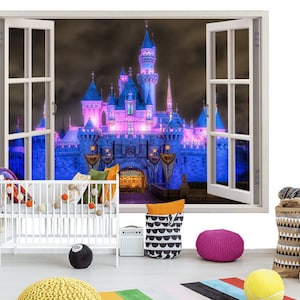 3D Wall Sticker Window *Fairy Princess Castle-1*/ Fairy Castle Decal /Kids Room Self-Adhesive Vinyl Mural / Sleeping Beauty Castle