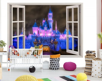 3D Wall Sticker Window *Fairy Princess Castle-1*/ Fairy Castle Decal /Kids Room Self-Adhesive Vinyl Mural / Sleeping Beauty Castle