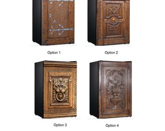 May include: Four options of wooden doors with intricate carvings and metal hardware are displayed. The doors are mounted on black cabinets. The text "Door only" is at the bottom of the image.