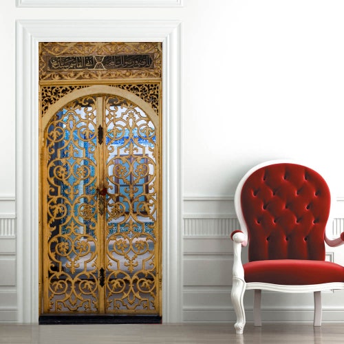 Customized Large Door Sticker Batik,Middle Eastern BouquetWrap Glossy Bubble Free Sticker 17W x 79H Customized Large Door Sticker Batik,Middle Eastern BouquetWrap Glossy Bubble Free Sticker 17W x 79H