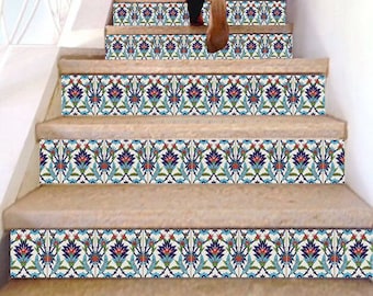 Autocollants de contremarches d’escalier Ornement arabe turc traditionnel / Panneau adhésif de décoration d’escalier en vinyle / Décalcomanies de contremarche d’escalier Peel and Stick