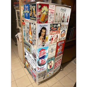 Fridge Decal Collage of Vintage Posters, Cards, Labels/Man Cave Fridge Wrap/Vintage Fridge Wraps/ Retro Fridge Wrap/ Vinyl Fridge Wrap