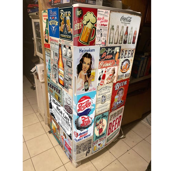 Fridge Decal Collage of Vintage Posters, Cards, Labels/Man Cave Fridge Wrap/Vintage Fridge Wraps/ Retro Fridge Wrap/ Vinyl Fridge Wrap