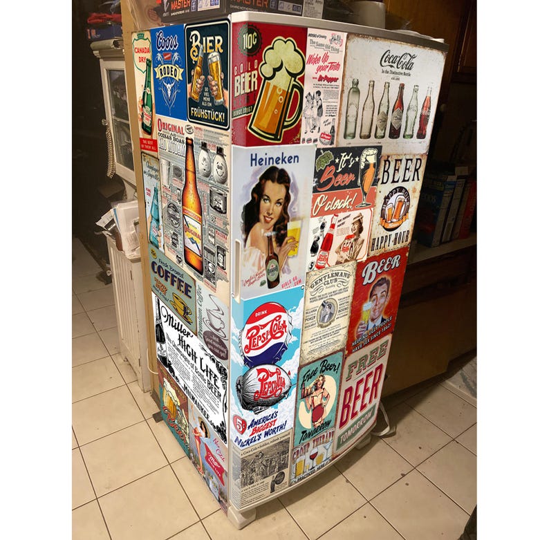 Fridge Decal Collage of Vintage Posters, Cards, Labels/Man Cave Fridge Wrap/Vintage Fridge Wraps/ Retro Fridge Wrap/ Vinyl Fridge Wrap