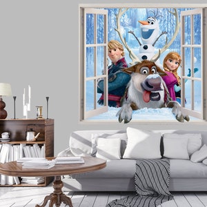 3D ウォールステッカー ウィンドウ アナ クリストフ スヴェンとオラフ / アナと雪の女王 プリンセス / 子供部屋 粘着ビニール 壁画 / 漫画壁紙 / 子供部屋壁紙