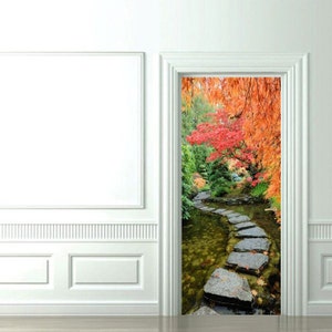 Door Wall Sticker Autumn in Japanese Garden/Japanese Garden Wall Decal Mural/Door Decal Japanese/Japanese Garden Decor/Asian Landscape Decal