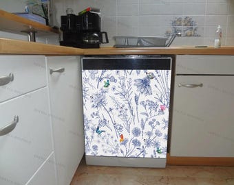 Magnet Cover Blue Wildflowers/Retro Floral Print / Vintage Blue and White Flowers/ Floral Dishwasher Magnet Cover / Magnetic Vinyl Decal