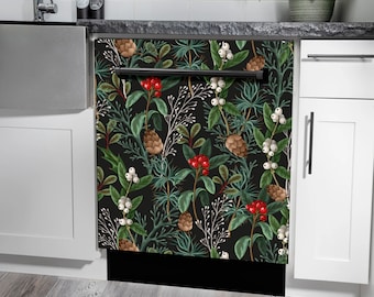 Dishwasher Magnetic Cover Vintage Floral Dark Botanical Pattern/Magnetic Refrigerator & Dishwasher Cover/ Fern Kitchen Decor/ Magnetic Decal