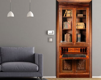 Door Wall Sticker *Victorian Mahogany Secretaire Bookcase* / Door Sticker Wallpaper / Bookcase Door Sticker / 31"wx79"h (80x200cm)