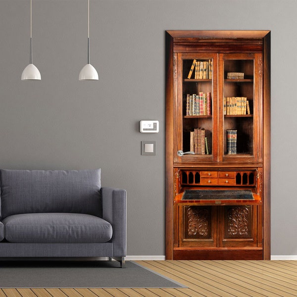 Door Wall Sticker *Victorian Mahogany Secretaire Bookcase* / Door Sticker Wallpaper / Bookcase Door Sticker / 31"wx79"h (80x200cm)